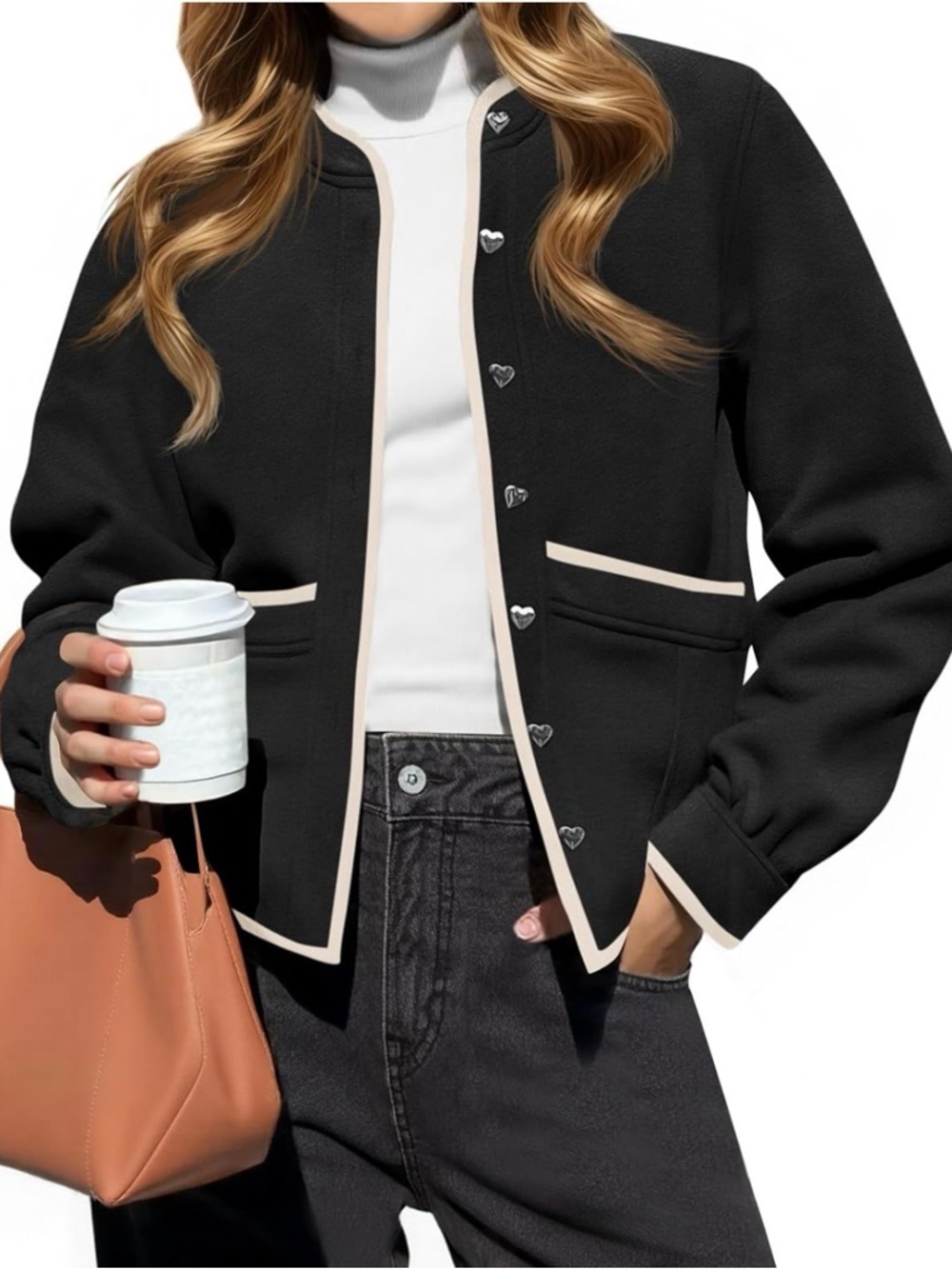 Black Contrast-Trim Women's Boxy Jacket